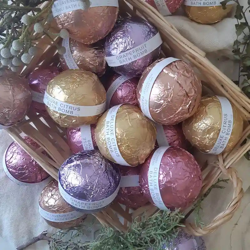 wrapped bath bombs ready for purchase