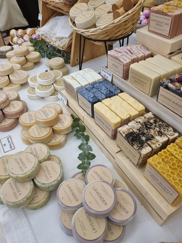 Collection of soaps on market table
